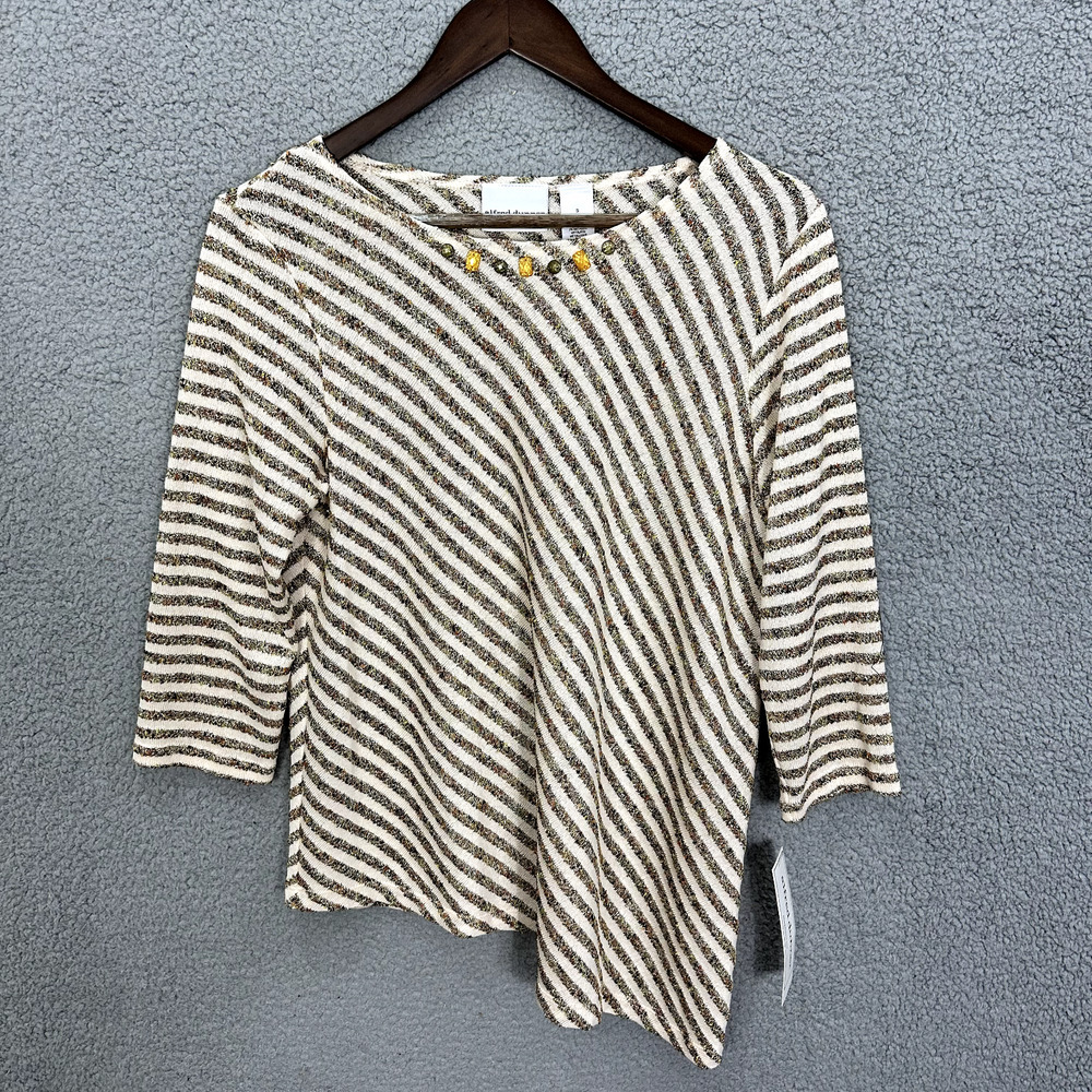 Alfred Dunner Top Women Small Beige Metallic Weave Striped Asymmetrical Hem Boho